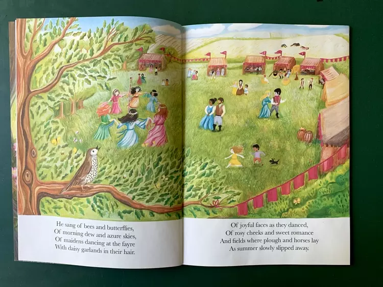 A full colour illustration of a Victorian country fayre with ladies dancing , people walking and talking, some animals and the mistle thrush singing in the oak tree in the foreground.